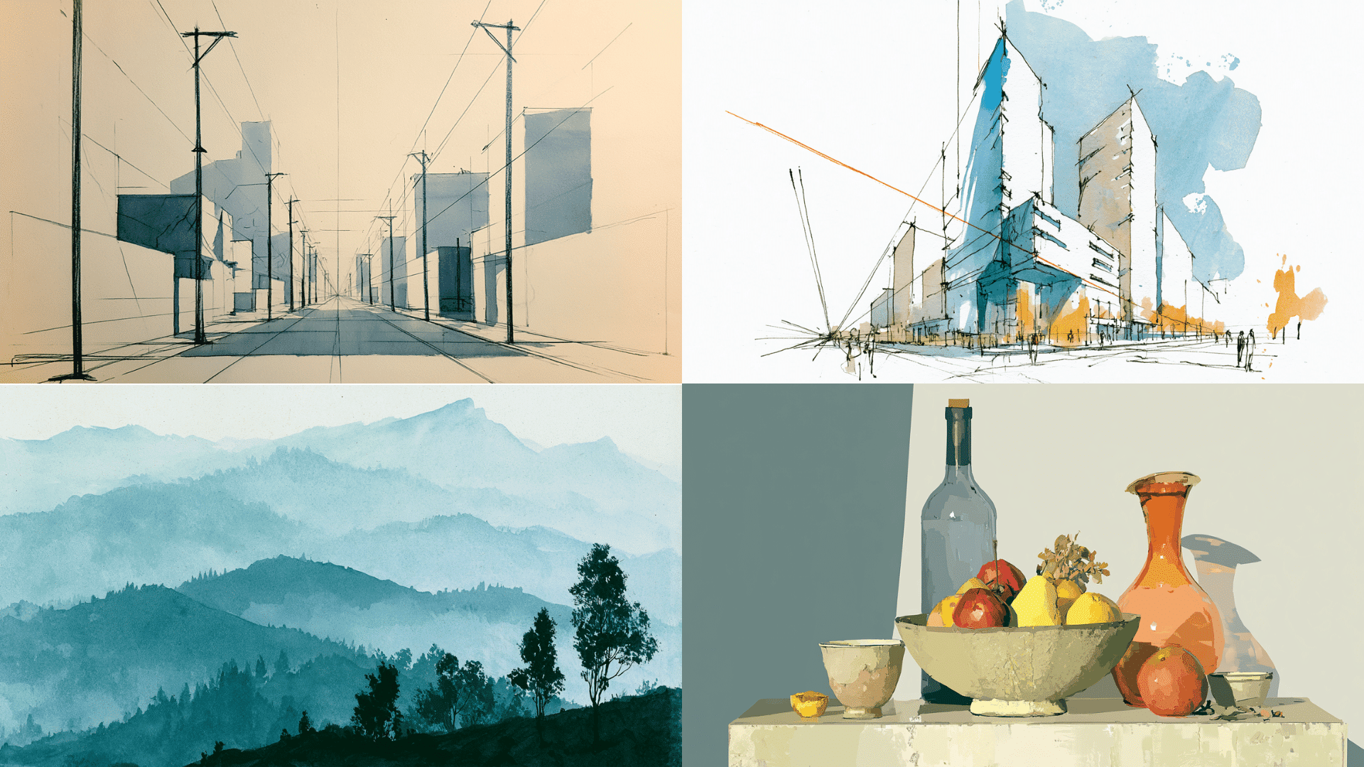 collage of four different paintings showing different space in art perspectives in different art styles such as sketch pen and color oil painting and water color painting