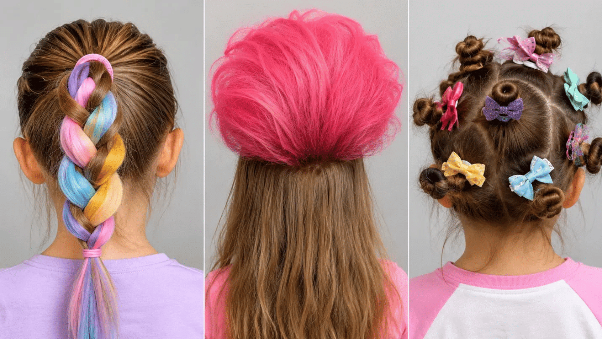 collage of rainbow braid pink poof and scattered bow buns crazy hairstyles