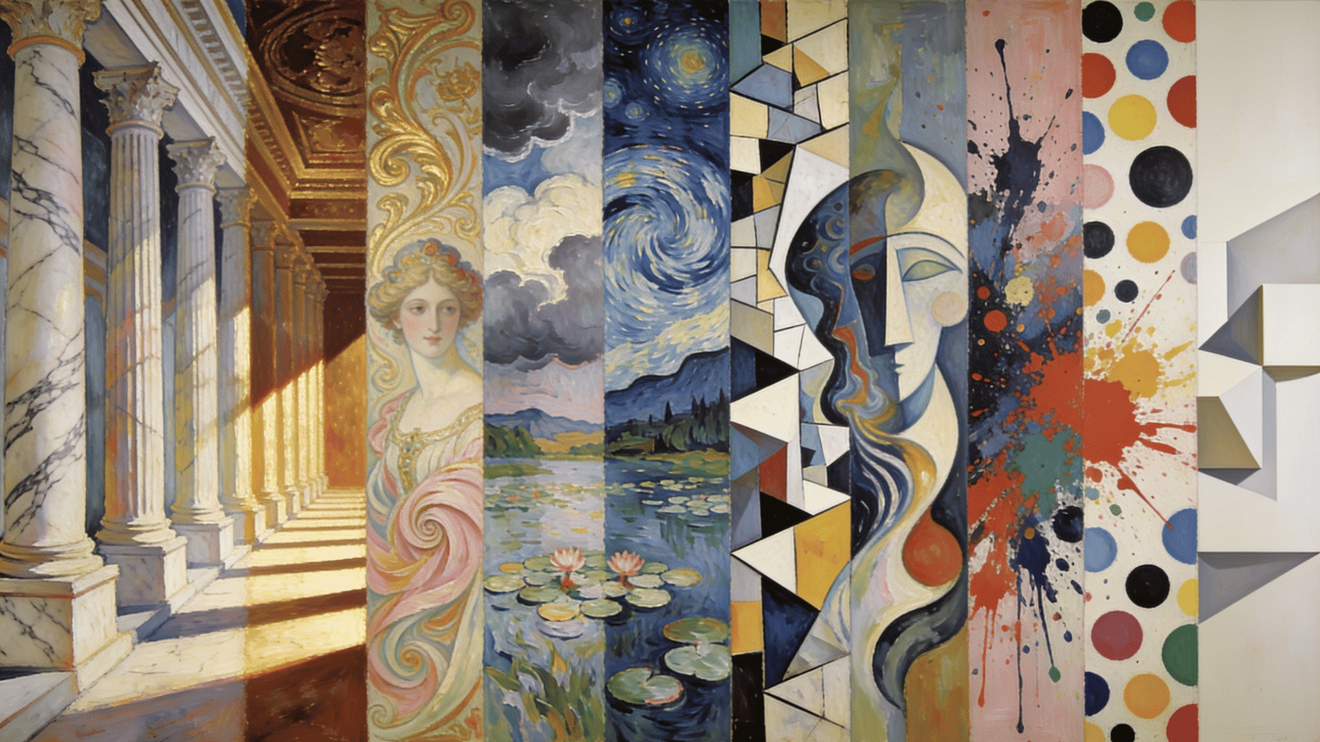 collage of renaissance baroque impressionism cubism expressionism pop minimalism contemporary art styles