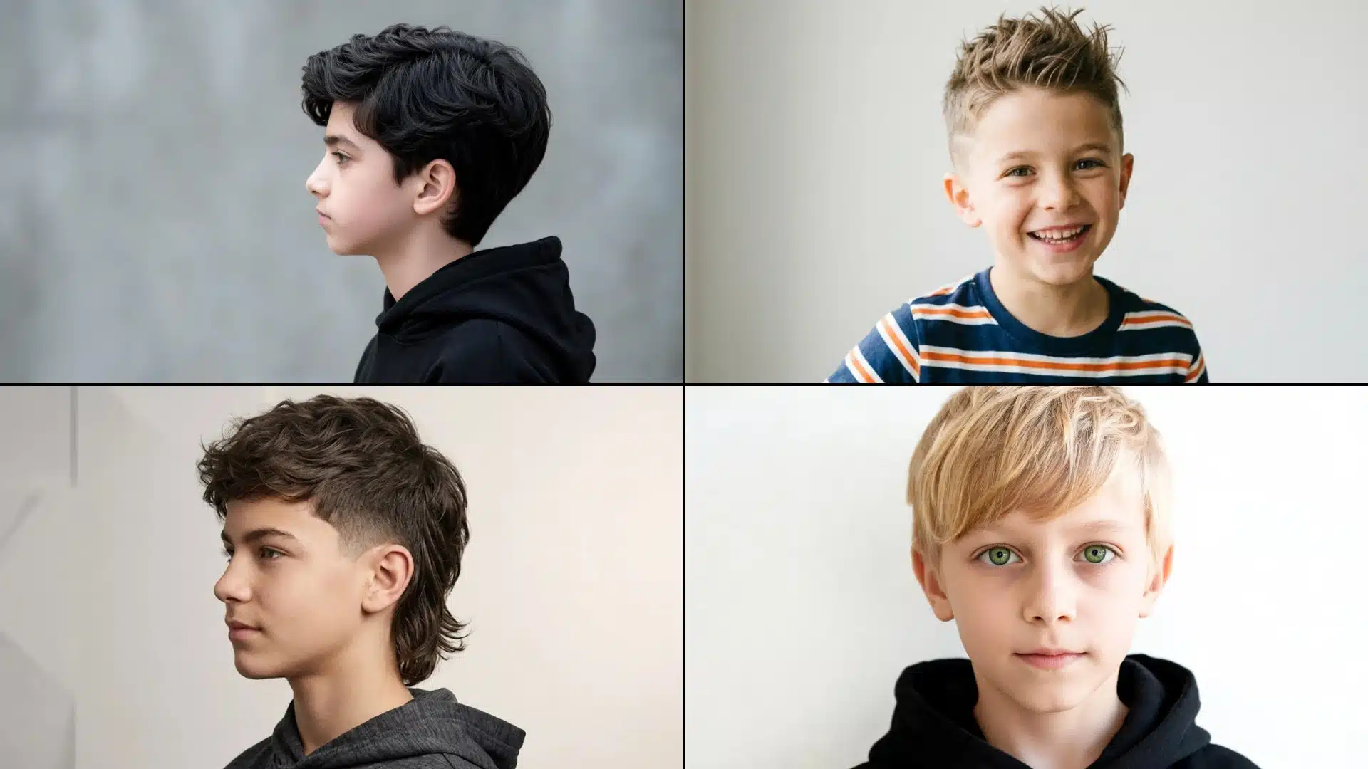 collage showing four boys with trendy hairstyles including layered waves, textured spikes, modern mullet and side sweep
