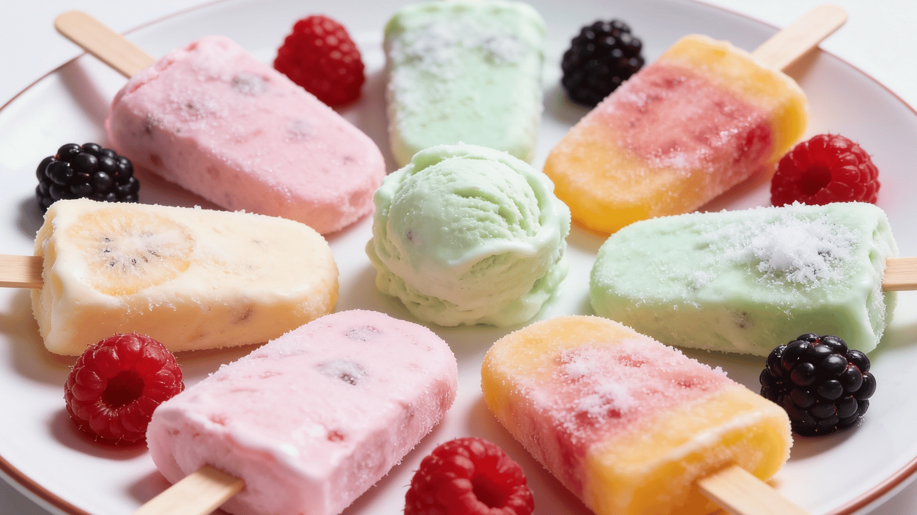 colorful frozen yogurt-and-fruit popsicles on a plate with a few fresh berries