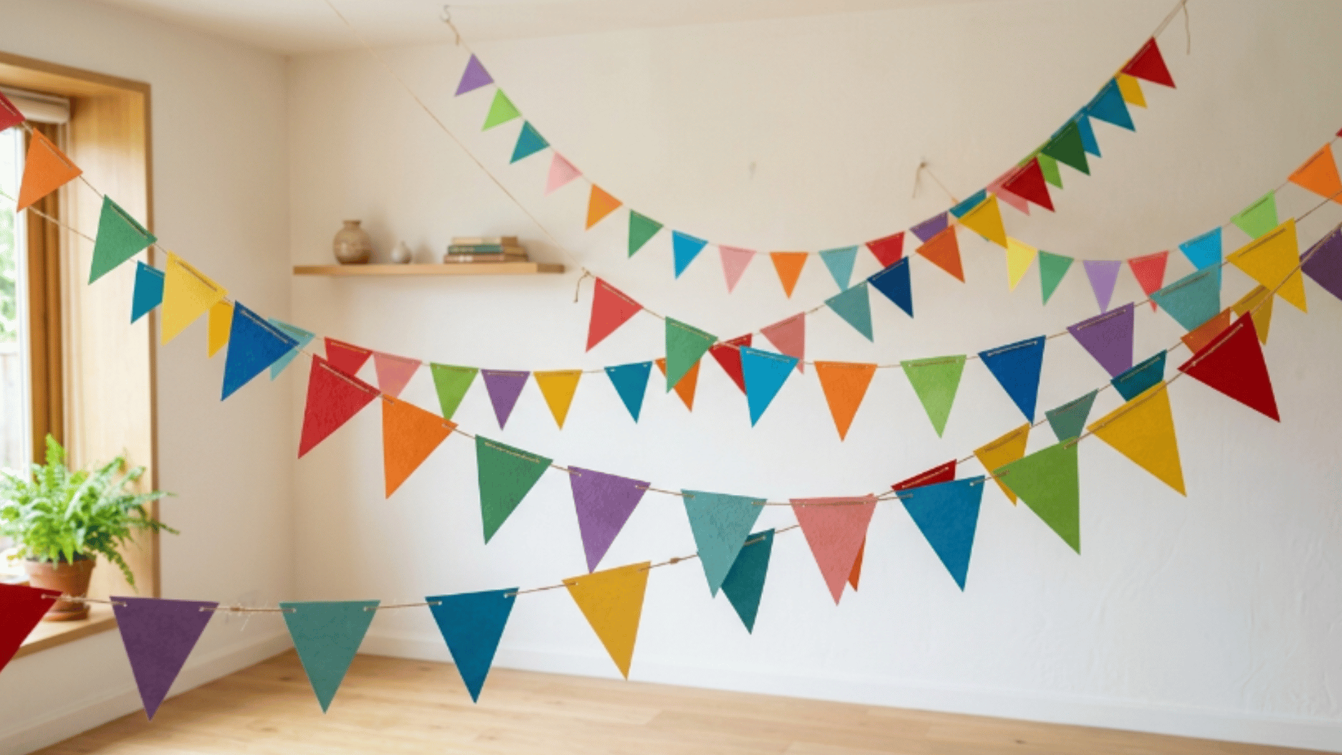 colorful paper garland with triangular flags hanging across a simple indoor background in soft light