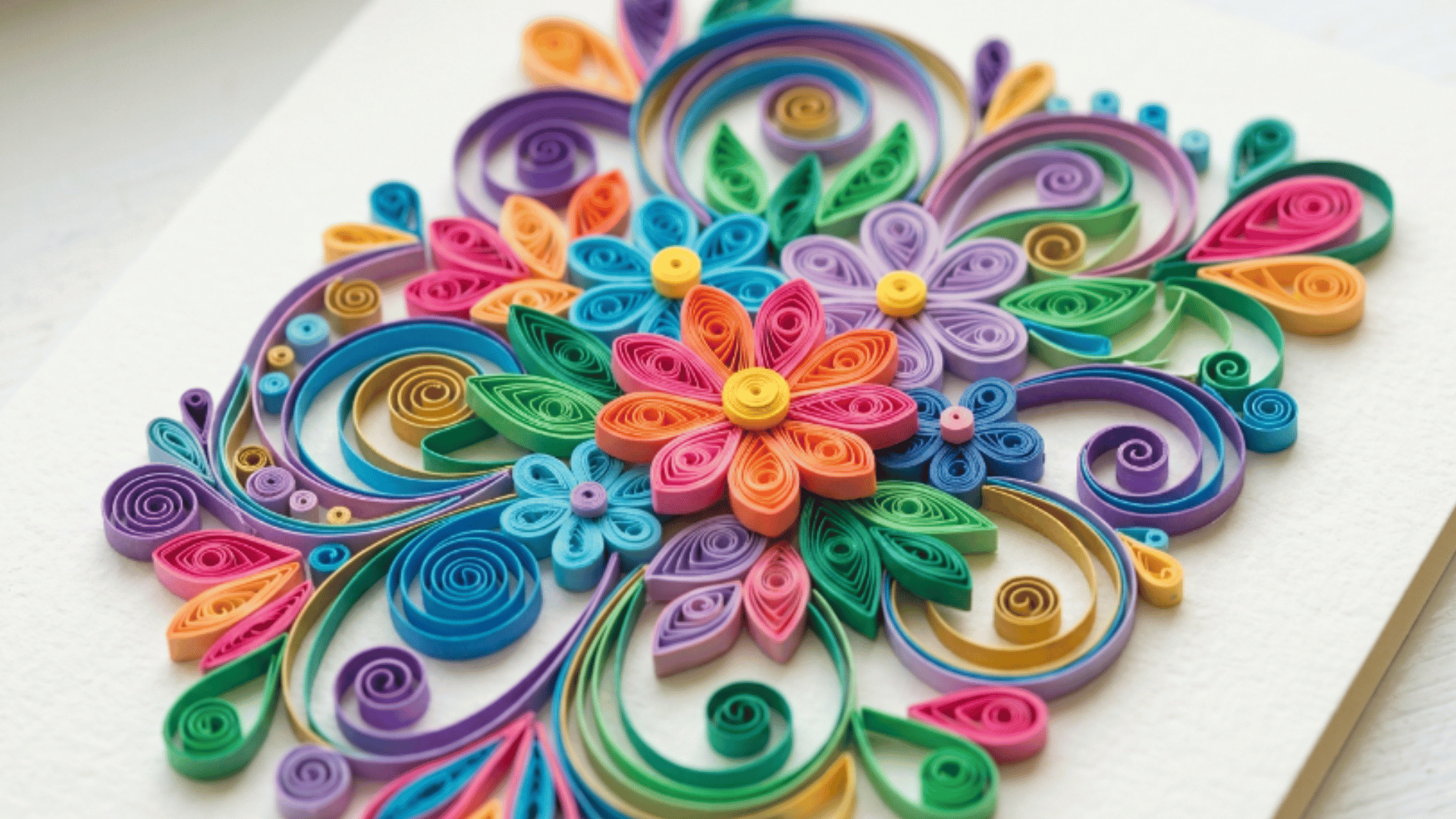 colorful paper quilling art showing detailed rolled paper shapes forming floral and abstract patterns