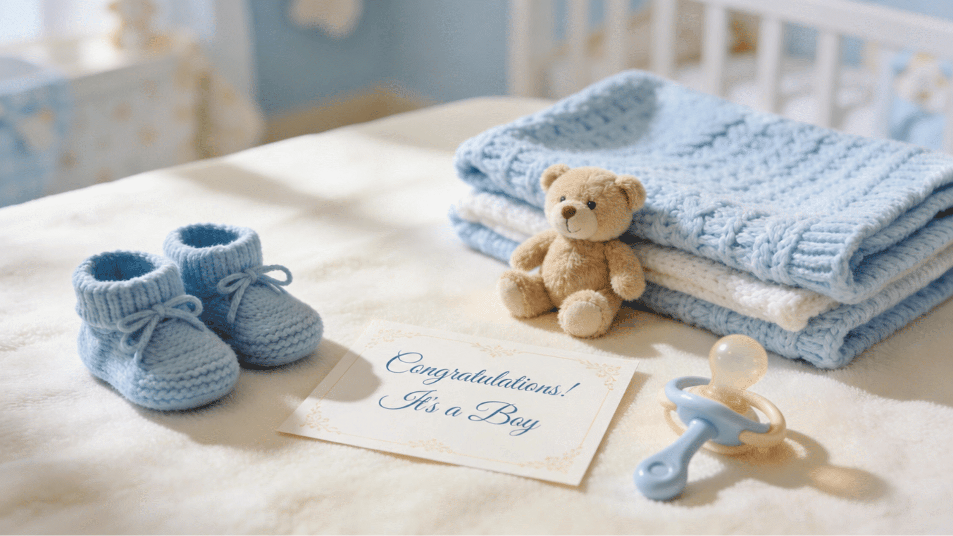 congratulations its a boy card beside blue booties, a teddy bear, blankets, and a pacifier