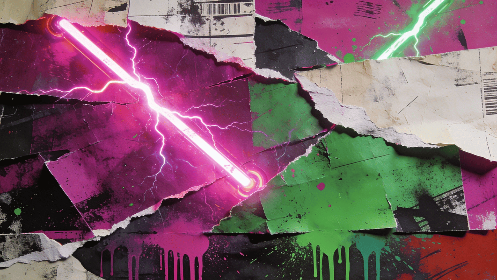contemporary art mixed media collage with torn layered textures neon pink lightning green and magenta abstract digital style composition