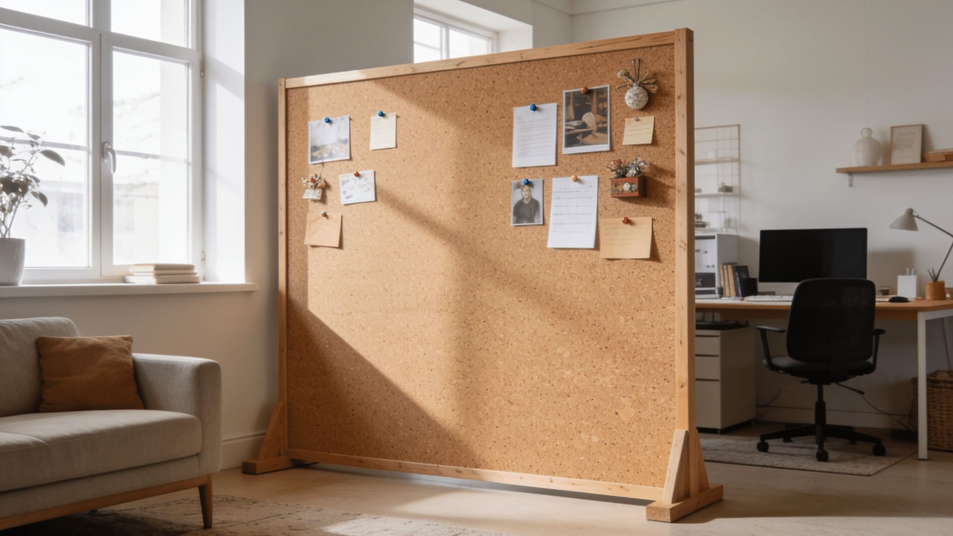 `cork board panel divider used in a home office`