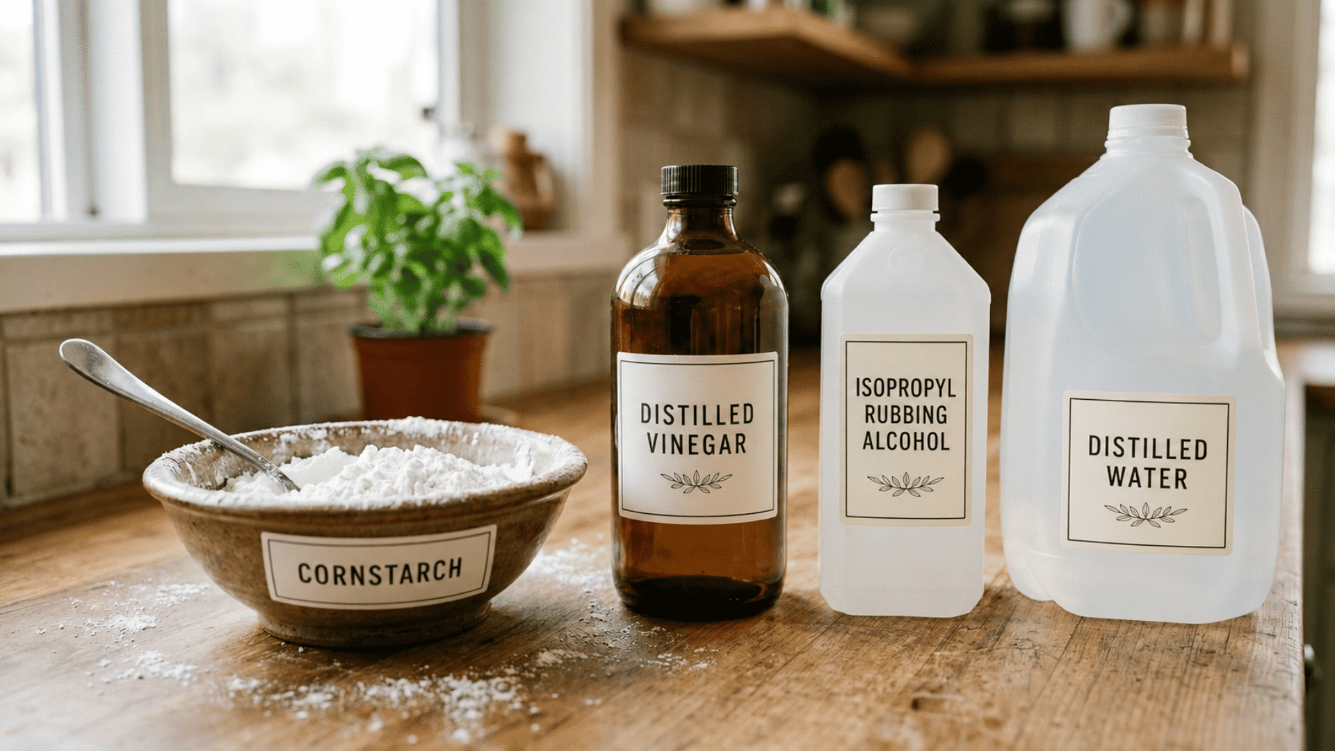 cornstarch, distilled vinegar, isopropyl rubbing alcohol, and distilled water on a wooden counter, ingredients for a streak-free window cleaner