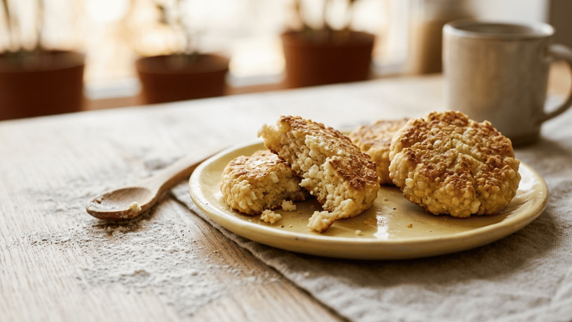 small cottage cheese pancakes on a yellow toddler plate