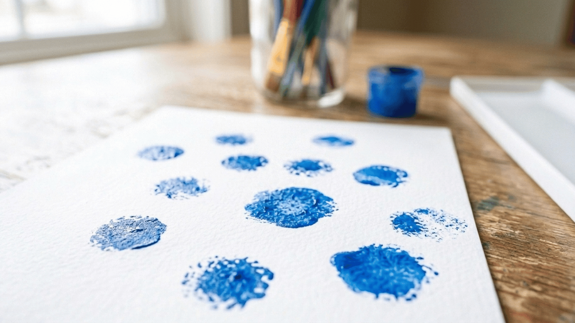 toddler cotton ball painting with scattered uneven paint dabs