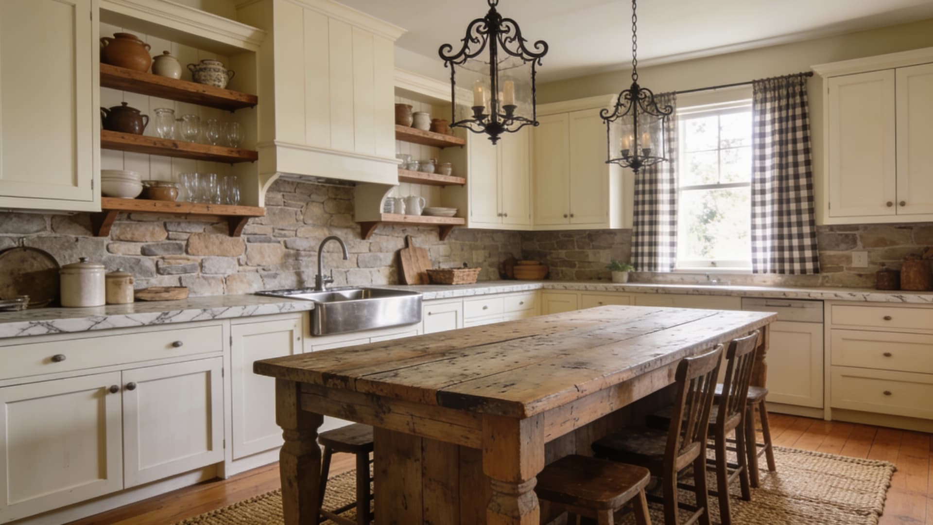 country farmhouse kitchen with a large wooden table painted cabinets pendant lights and open shelving