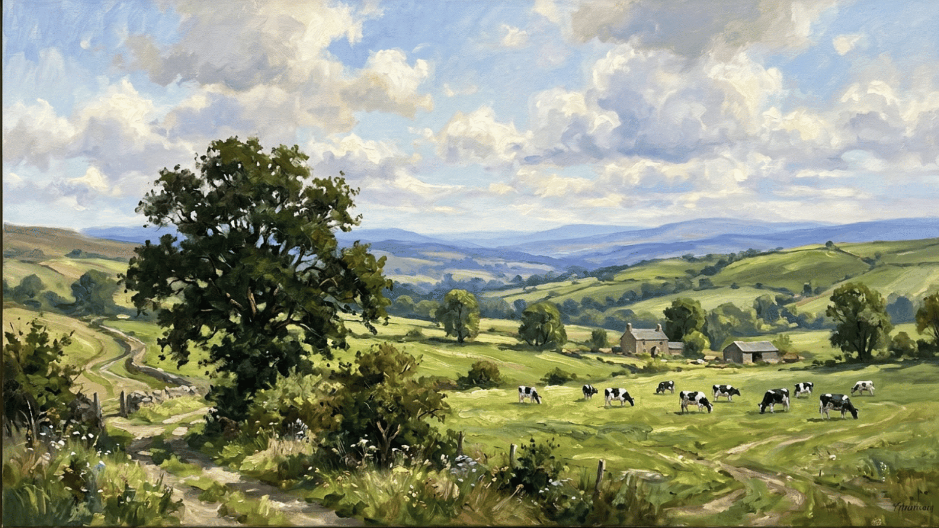 lush grassy field painting with quick green brushstrokes beneath a clear blue sky for beginner artists