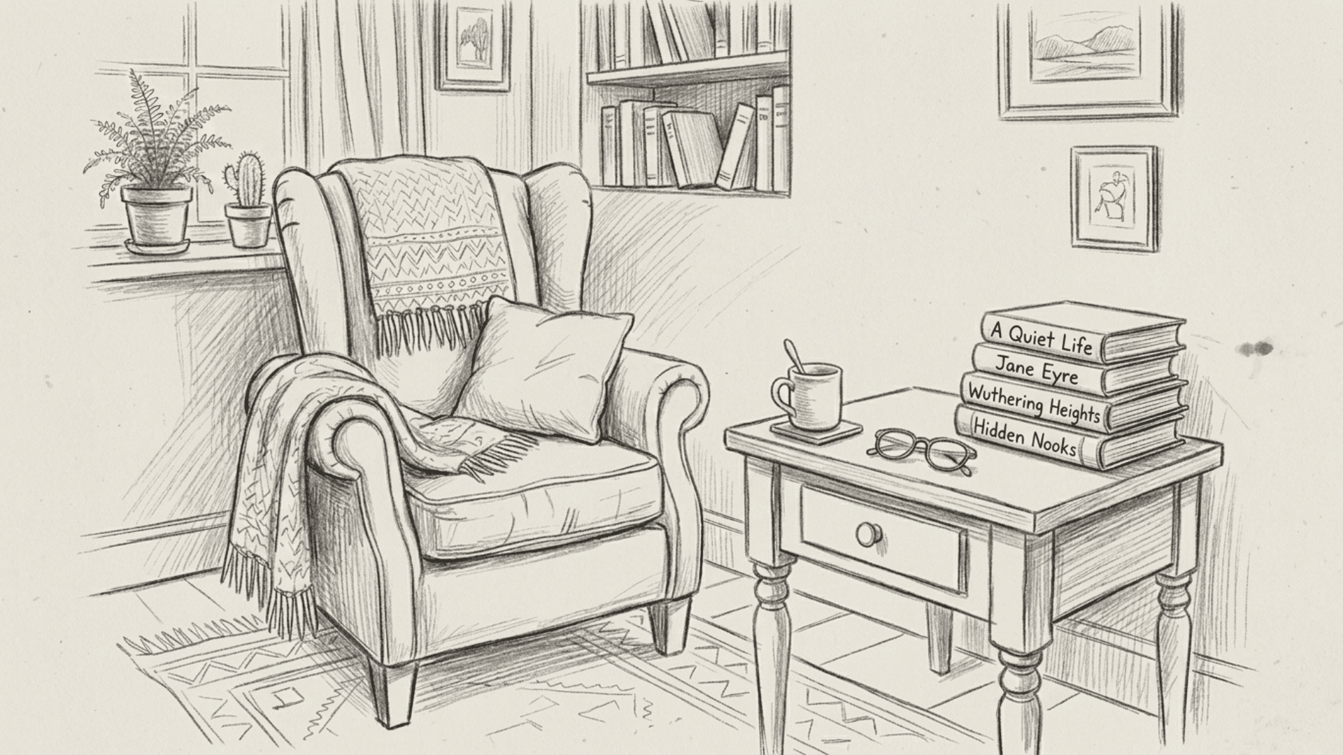 cozy pencil sketch of an armchair, side table, lamp, and stacked books in a reading nook