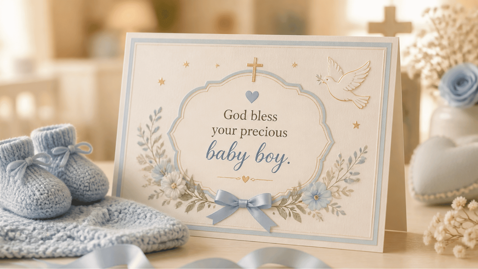 cream card reading god bless your precious baby boy, with cross, dove, and blue floral border