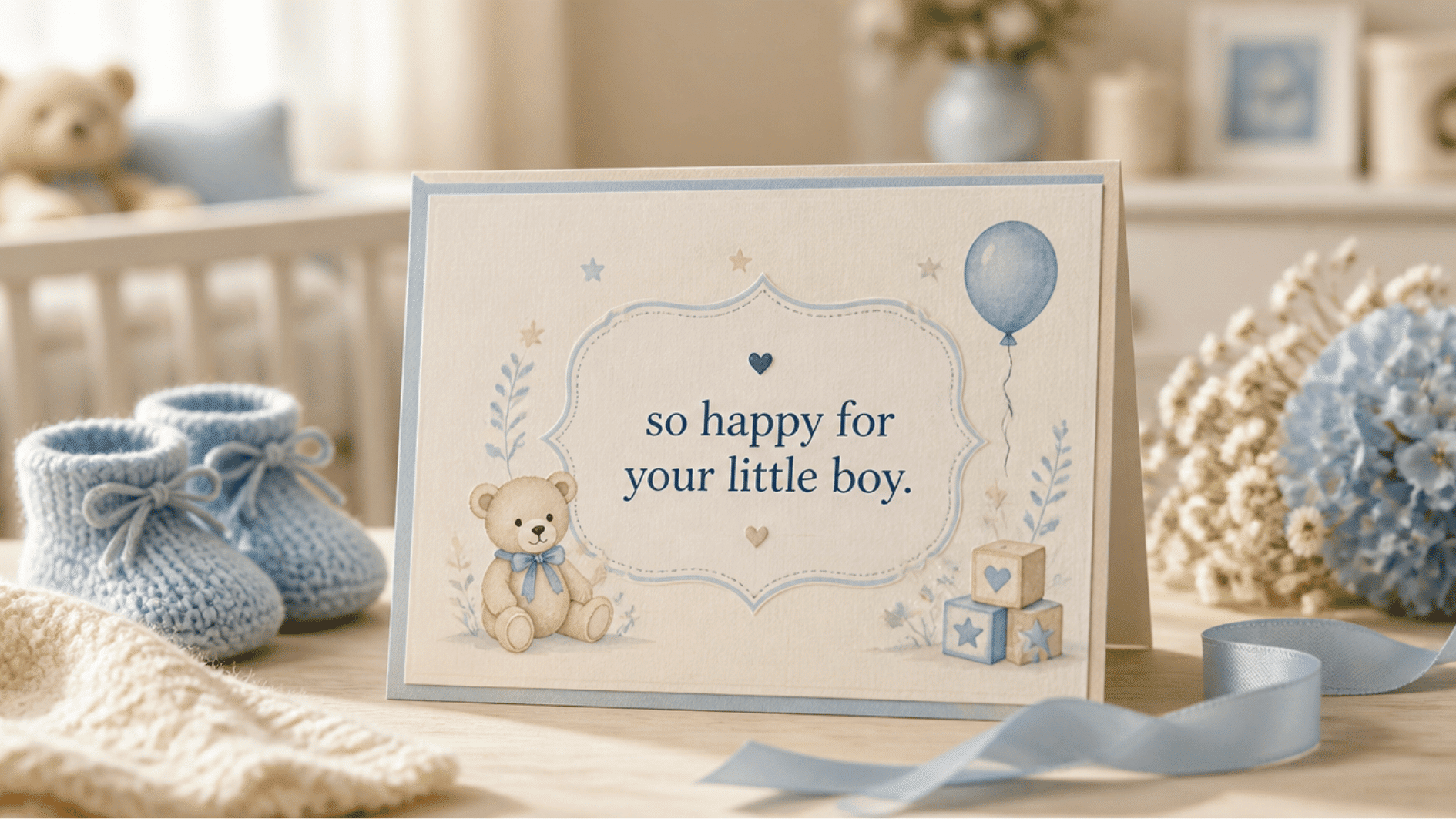 cream card reading so happy for your little boy, with teddy bear, alphabet blocks, and balloon
