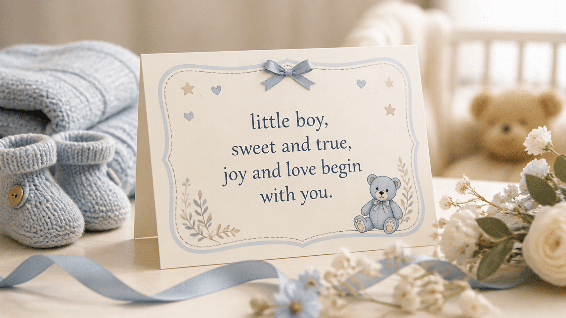 cream card with rhyming baby boy poem, teddy bear design, beside knit booties and white flowers