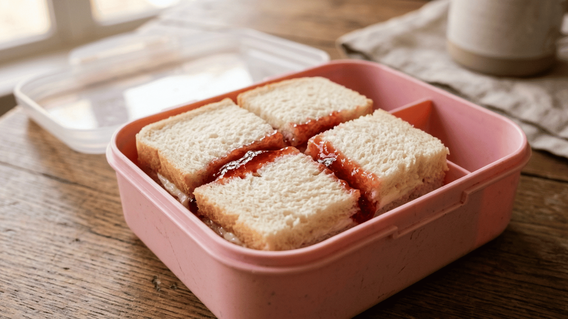cream cheese and jelly sandwich squares packed in a pink plastic lunchbox