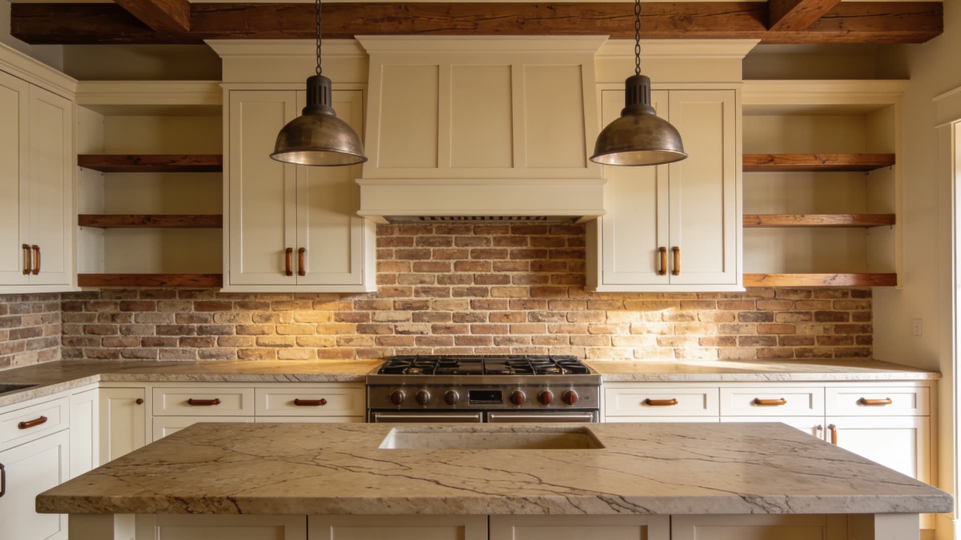 cream farmhouse kitchen with sealed brick backsplash stone counters wood accents and simple metal lighting