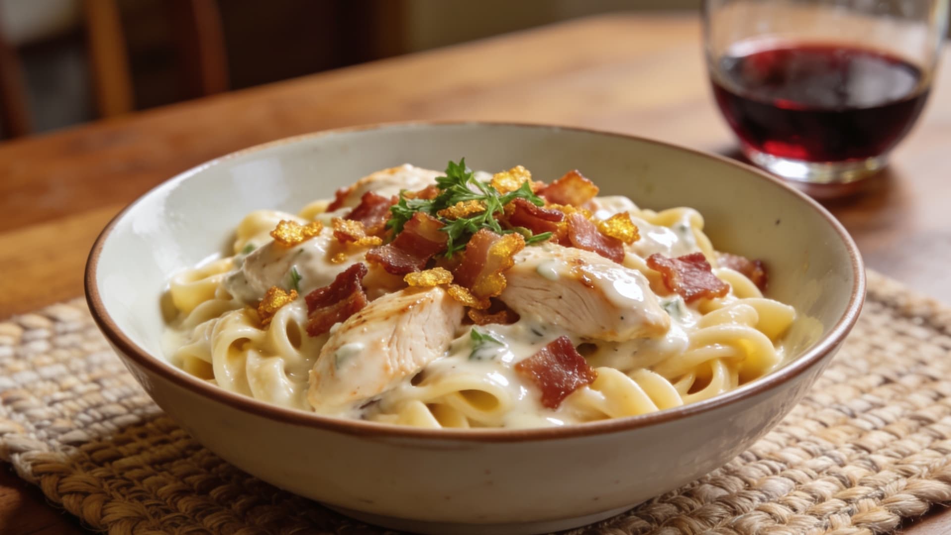 creamy chicken alfredo pasta with bacon and herbs served in a bowl on a woven mat