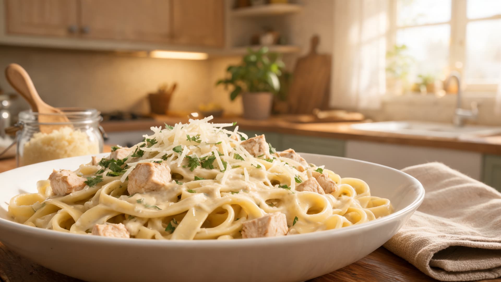 creamy chicken alfredo pasta with fettuccine, parmesan, herbs, and chicken pieces