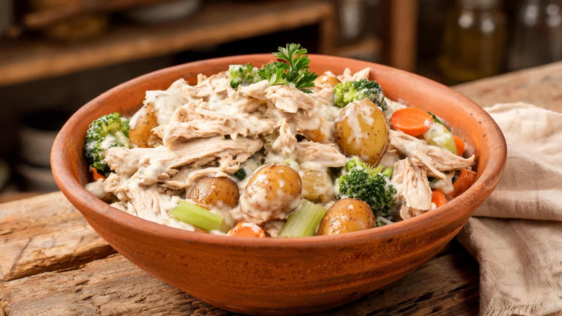 creamy chicken casserole with vegetables and potatoes served in a rustic bowl on a wooden table
