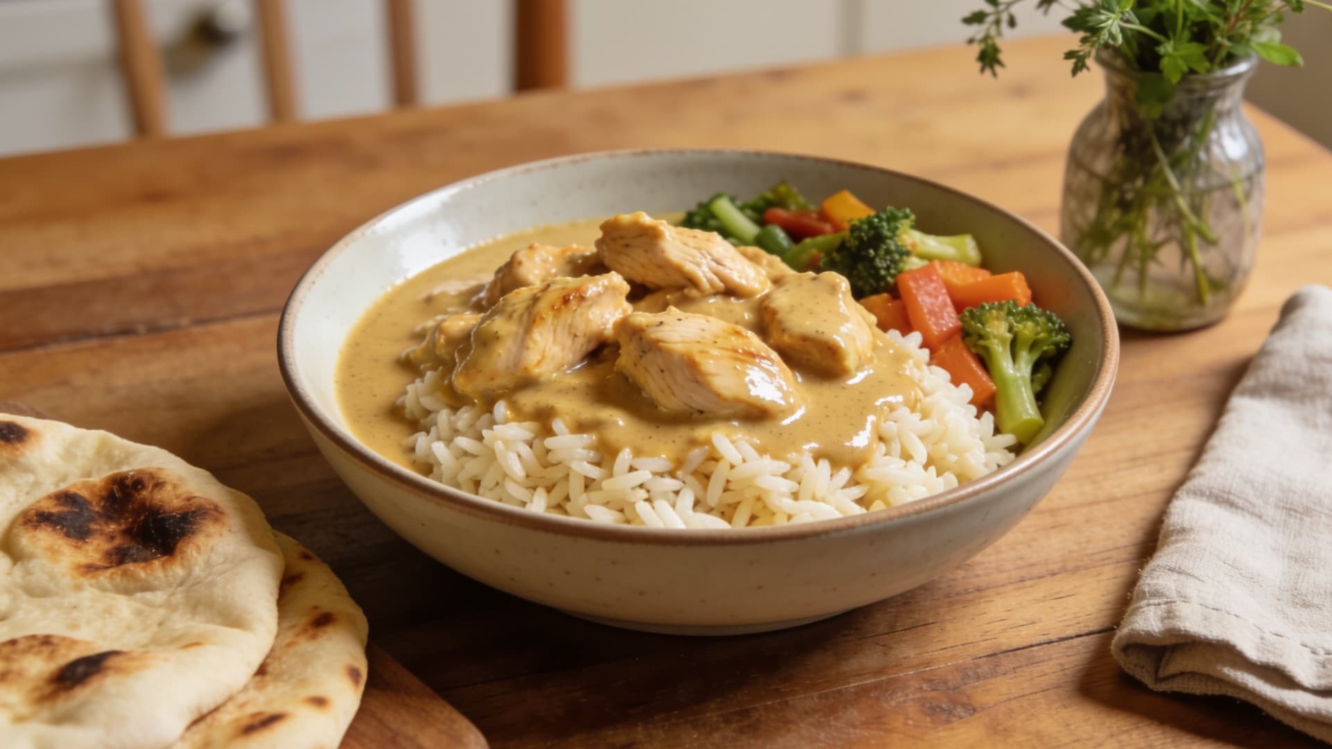 creamy chicken rice bowl with vegetables and sauce served with naan on a wooden table