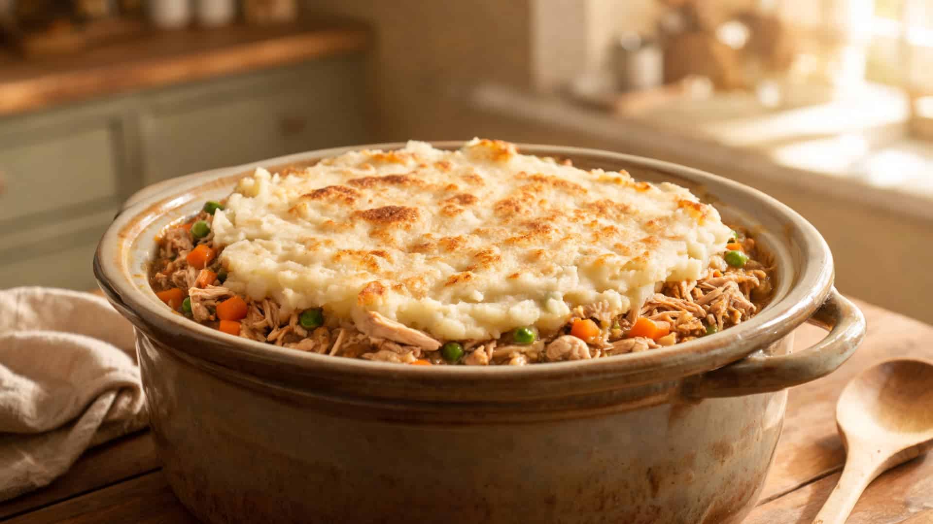 creamy chicken shepherds pie with mashed potato topping and vegetables in a rustic dish on a wooden kitchen table