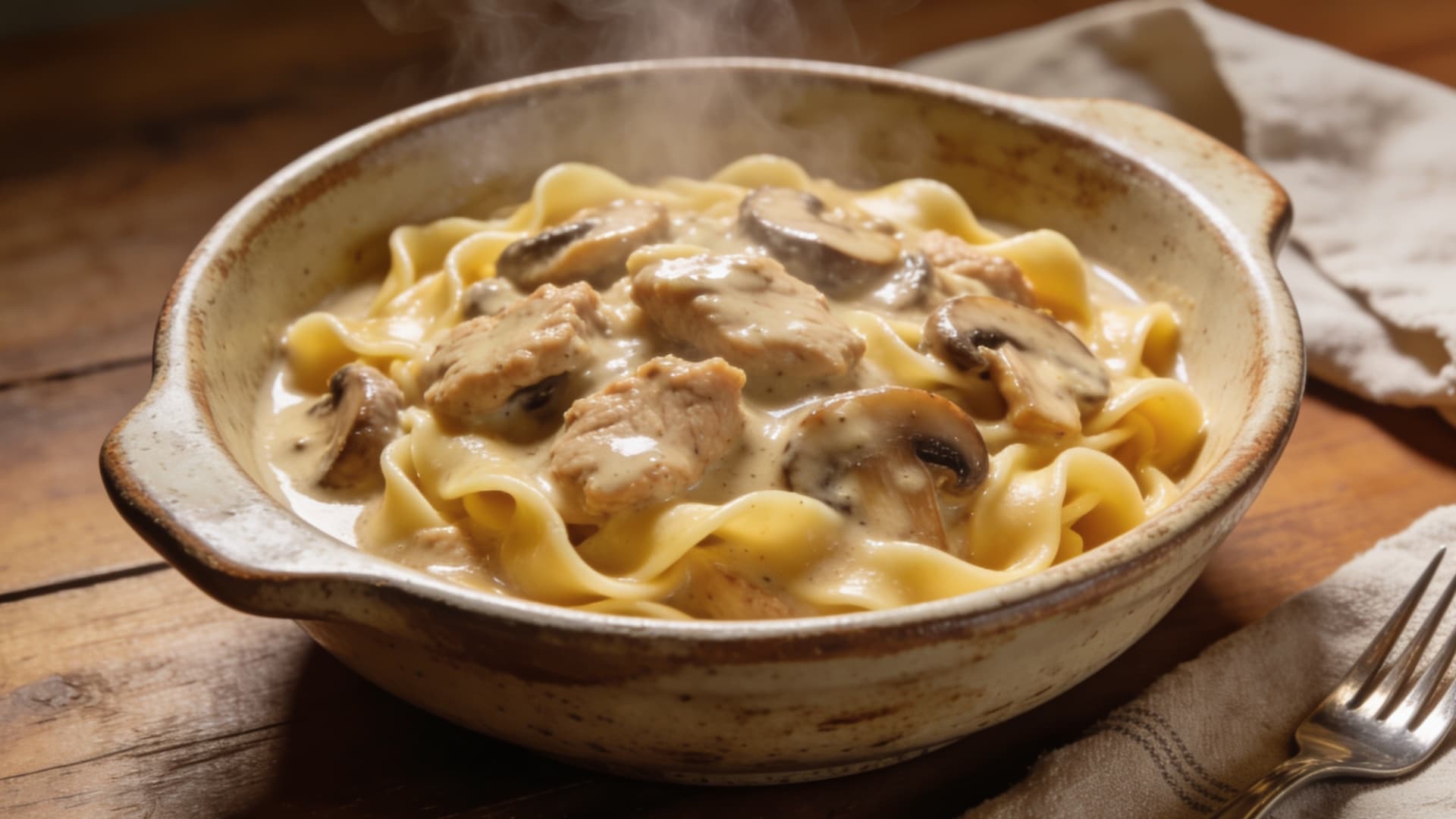 creamy chicken stroganoff with mushrooms and noodles served hot in a bowl on a wooden table with steam rising
