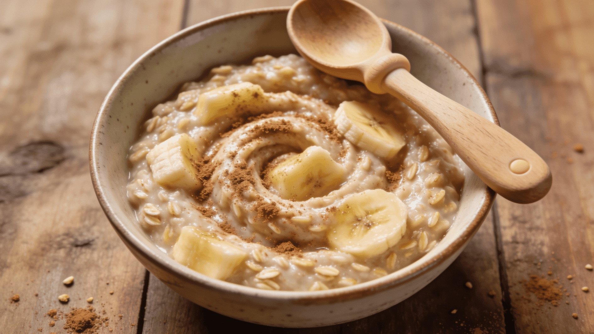 creamy oatmeal swirled with mashed banana and a dusting of cinnamon, wooden baby spoon resting