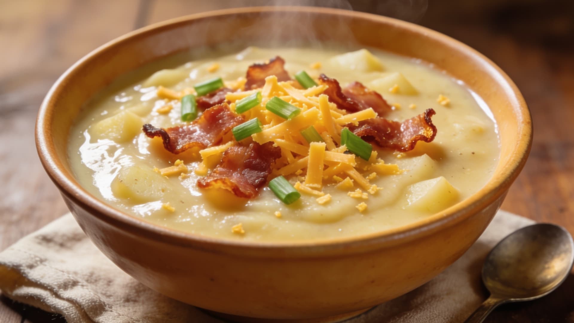 creamy potato soup with bacon cheese and green onions served hot in a bowl with a spoon on a wooden table