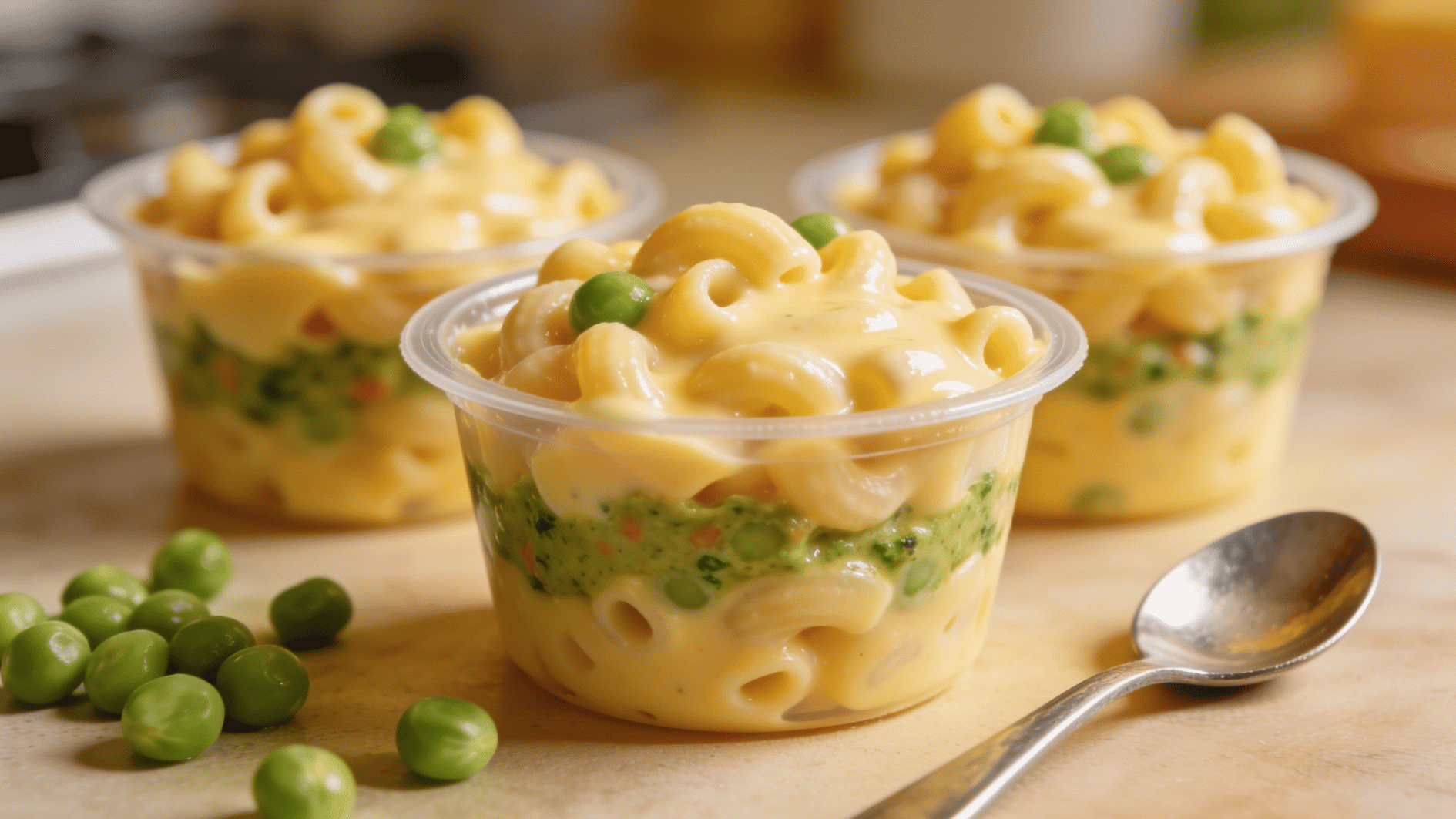 creamy toddler mac and cheese in small meal prep cups with hidden vegetable sauce, spoon and soft cooked peas