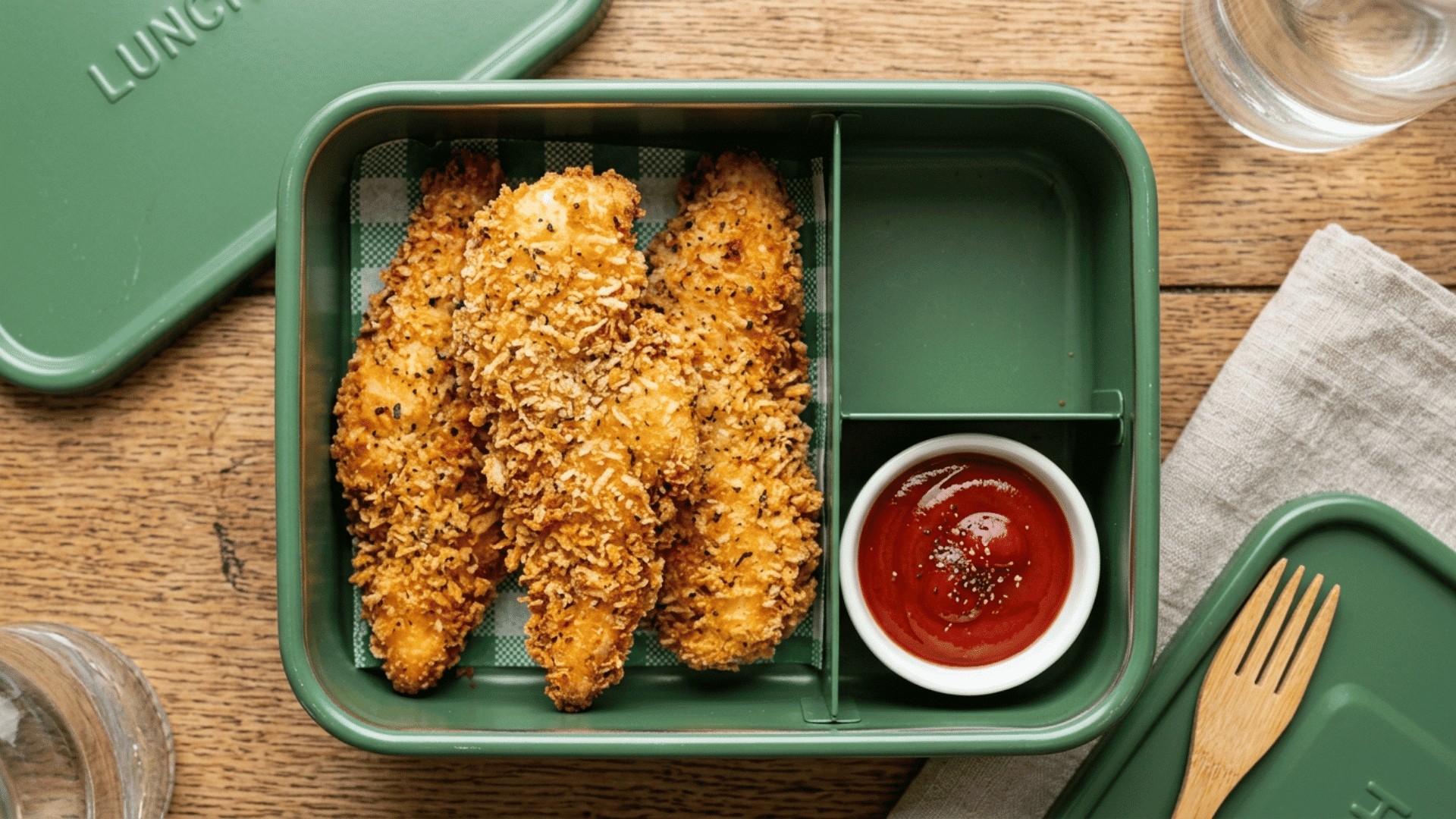 baked chicken tenders with ketchup dip packed in a green steel lunchbox