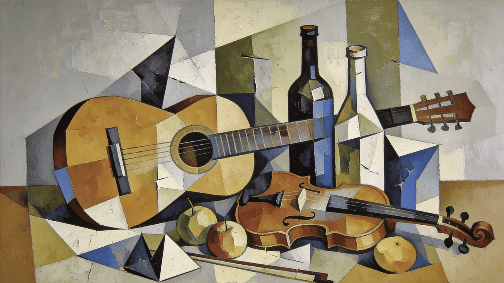 cubism style still life with guitar violin bottles and fruit broken into geometric shapes and fragmented planes in abstract composition