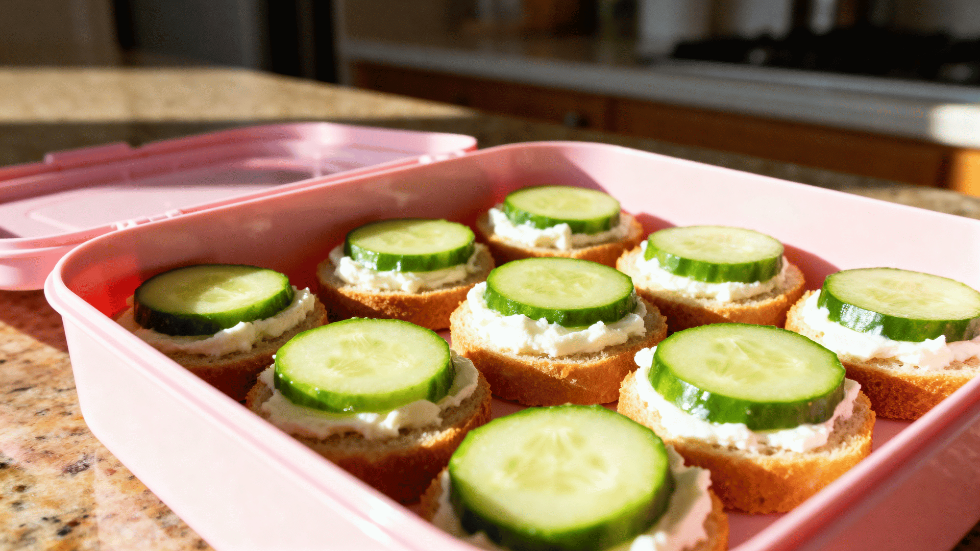 small round cucumber sandwich bites arranged in a pink kids lunchbox