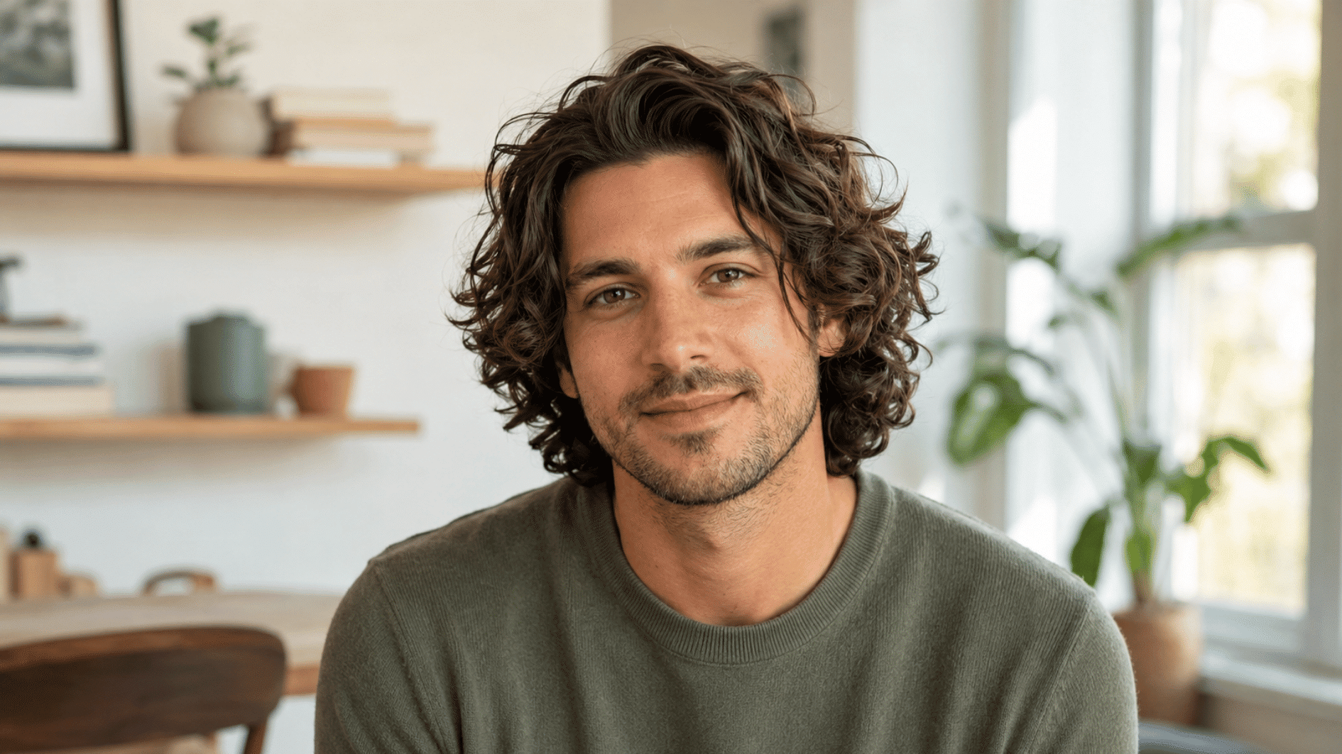 curly flow haircut on man with medium length hair sitting in a bright modern room