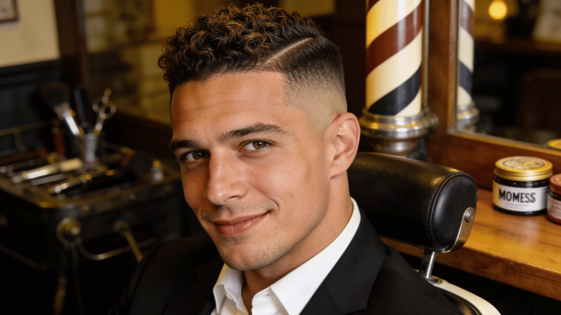 curly low fade haircut with defined curls, side part detail, and clean faded sides in a barber shop setting