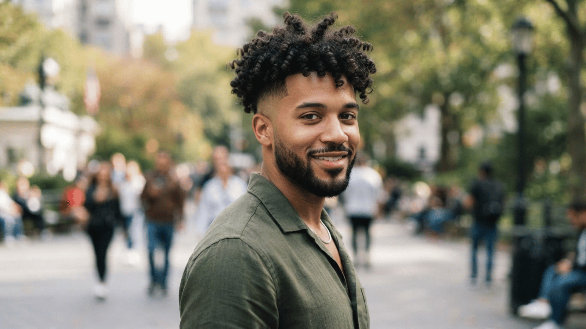 curly low fade haircut with textured curls on top and clean faded sides in an outdoor setting