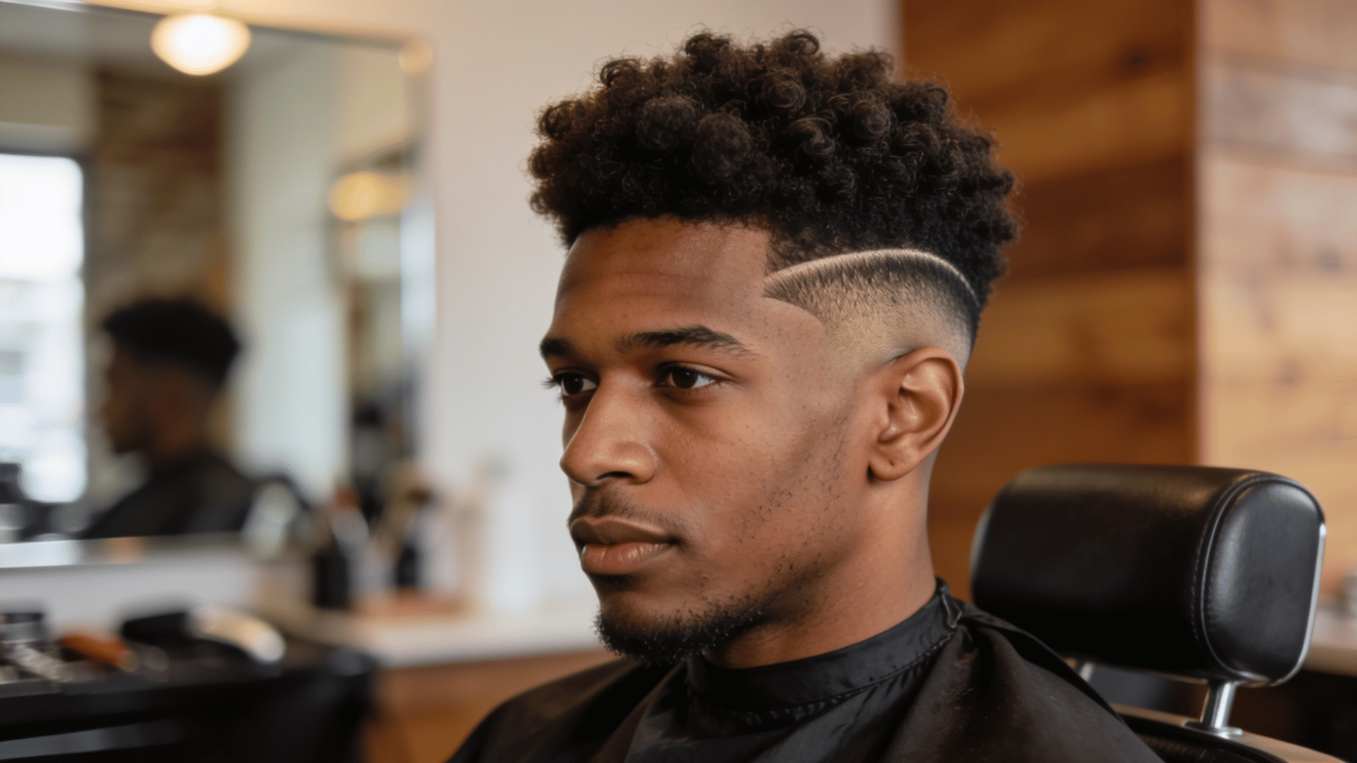 curly textured top fade haircut with shaved line detail and clean tapered sides in a modern barbershop chair