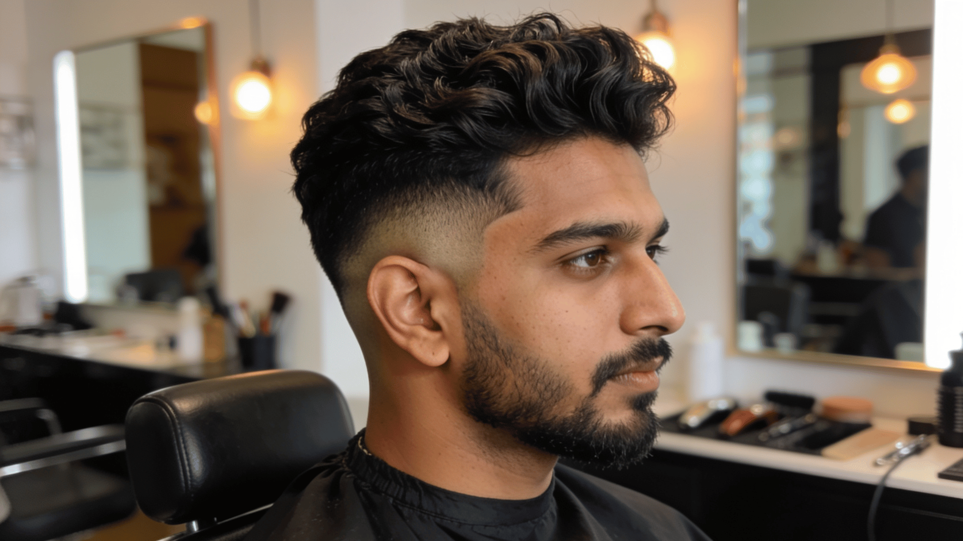 curly textured top fade haircut with tapered sides and beard style in a modern barbershop chair setting