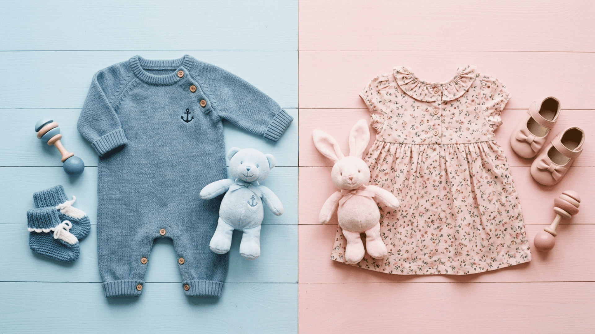 flat lay of blue and pink baby outfits with tiny shoes