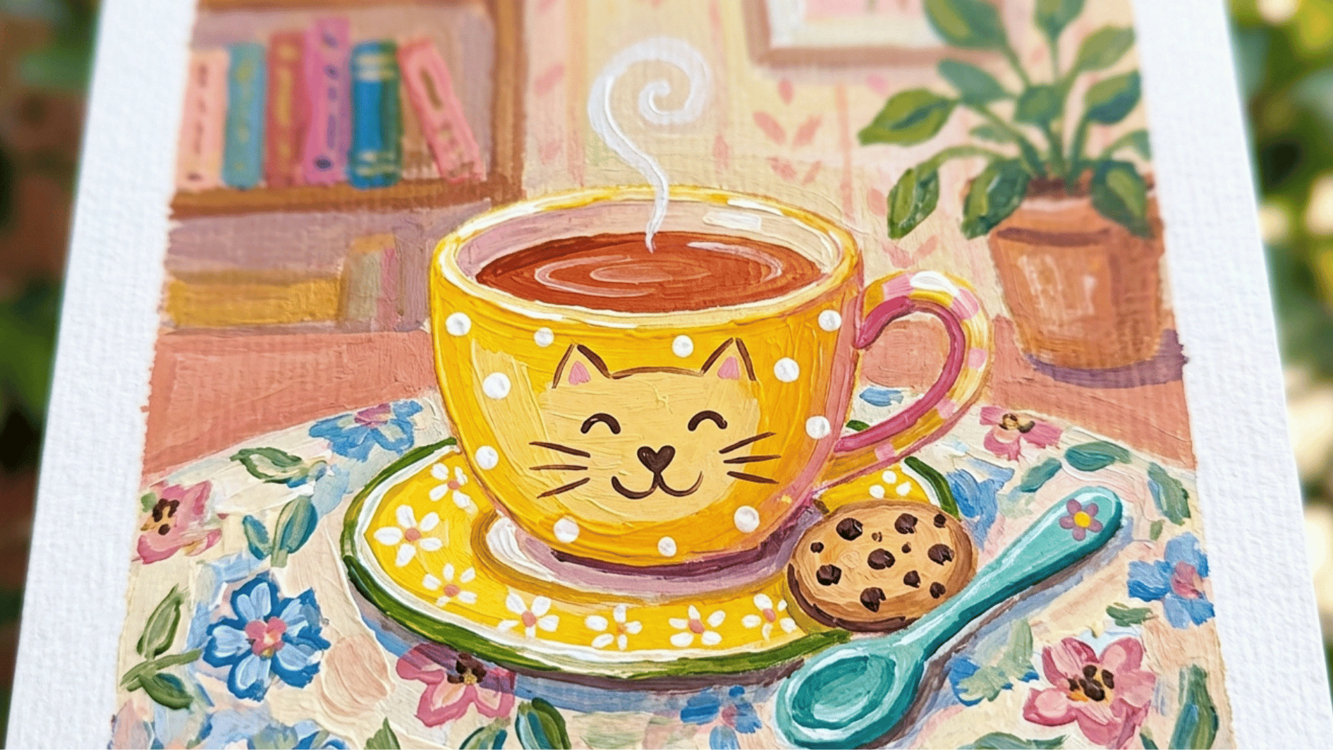 relaxing teacup painting with warm amber tea and a simple teabag string on a clean white cup and saucer
