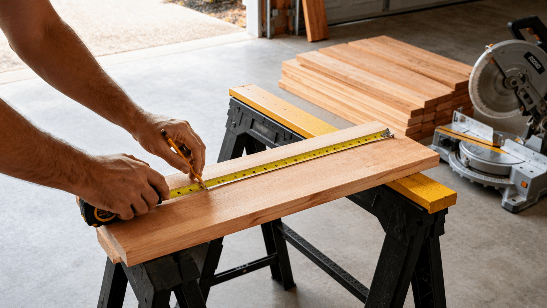 person measuring and marking a wooden board in the garage before cutting parts for a diy planter box