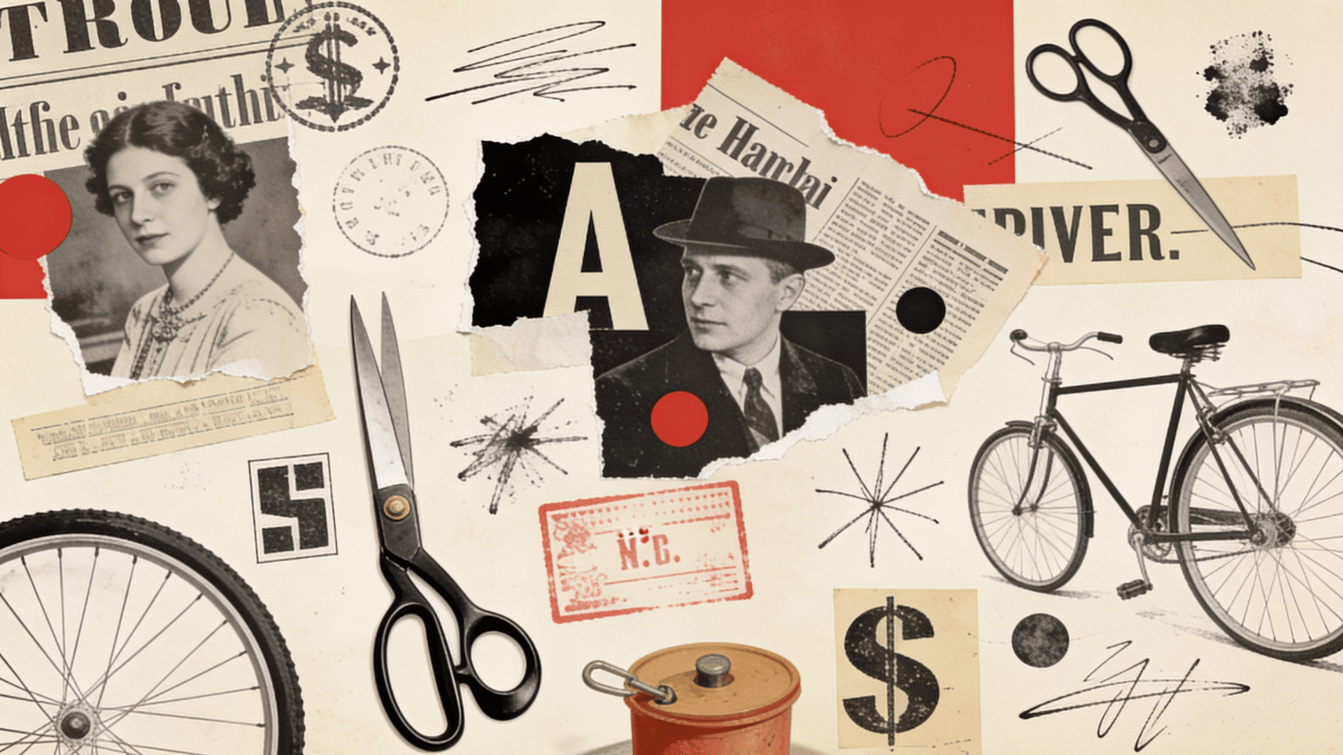 dadaism collage with newspaper cutouts portraits scissors bicycle elements and abstract symbols arranged in chaotic mixed media style