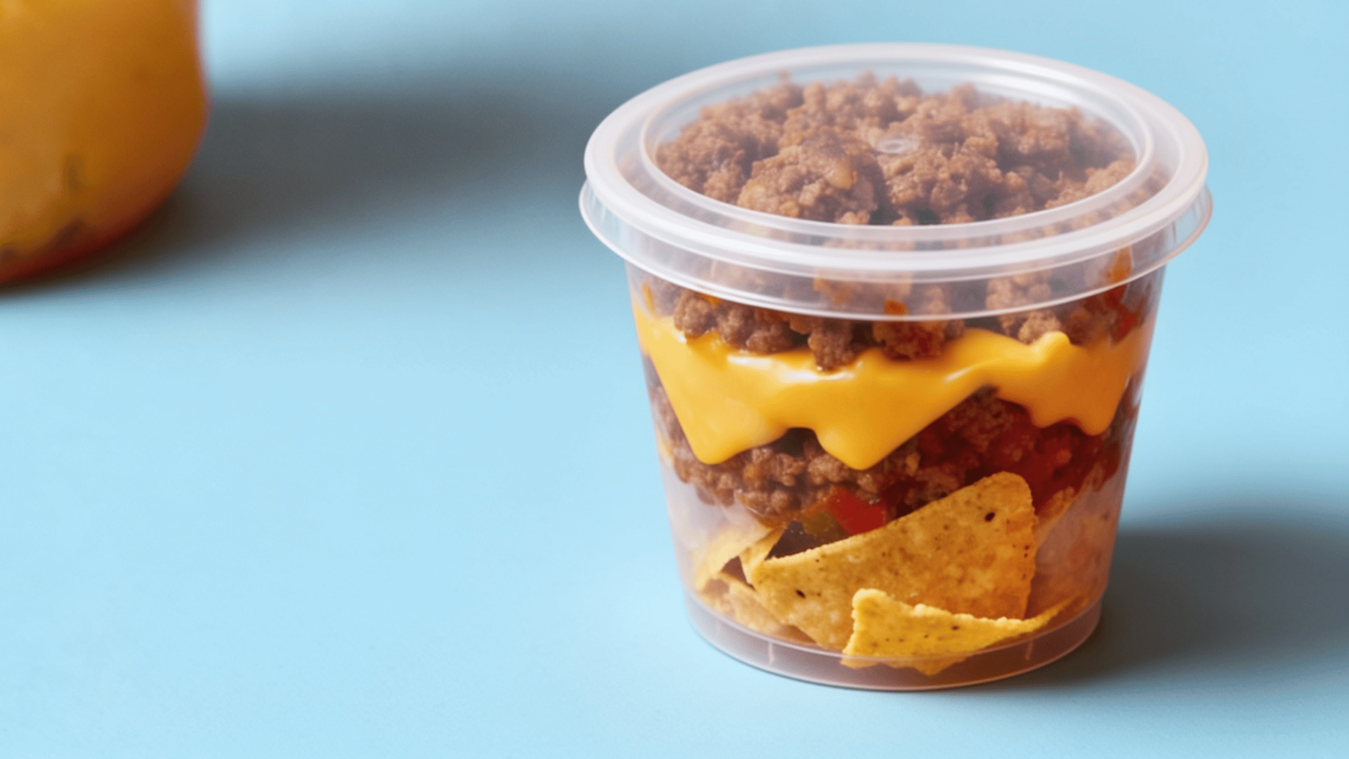 Deconstructed taco cup with meat and chips in a plactic trasparent cup