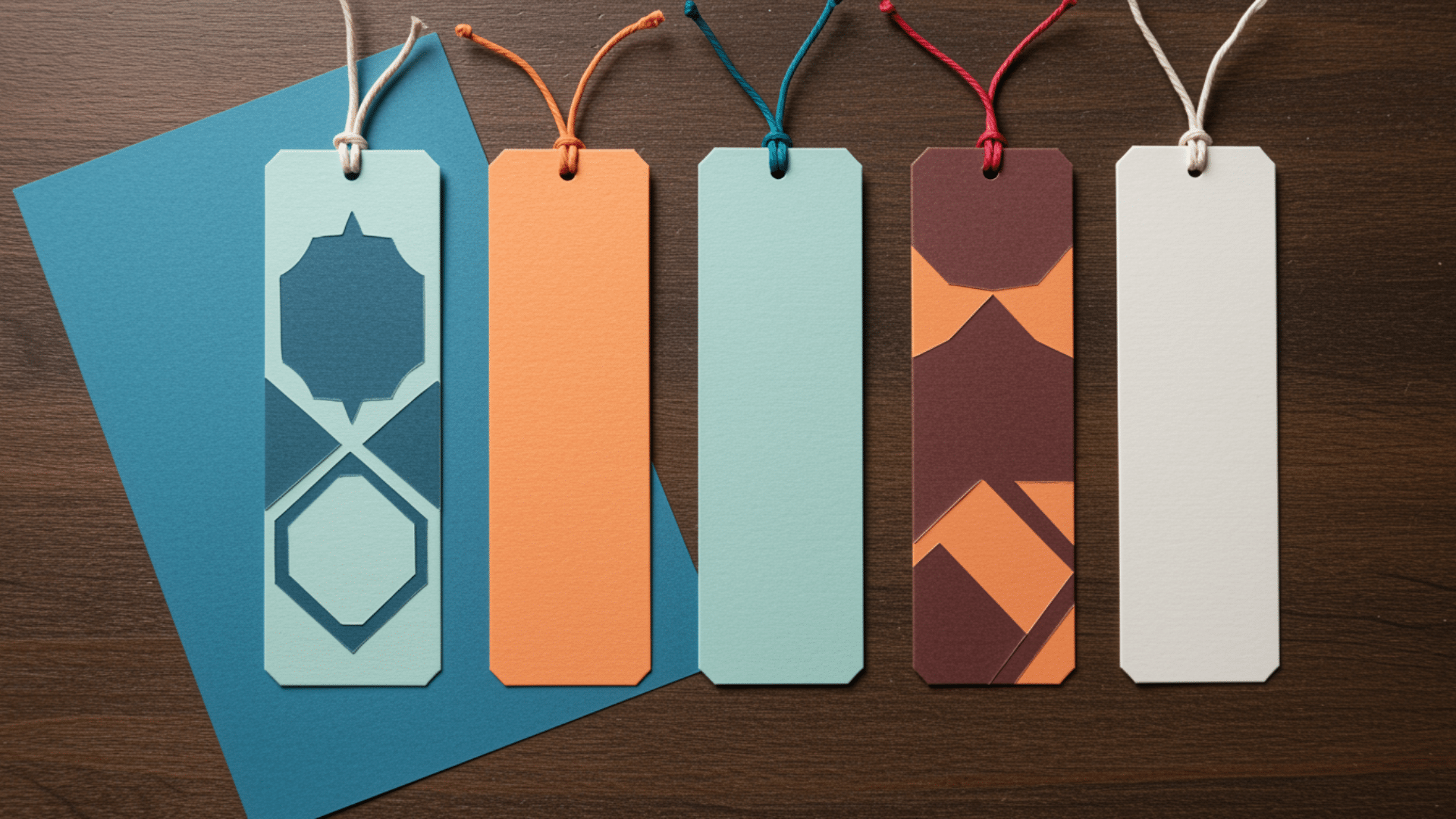 decorative rectangular paper bookmark with a thread tassel at the top and hand cutouts patterns