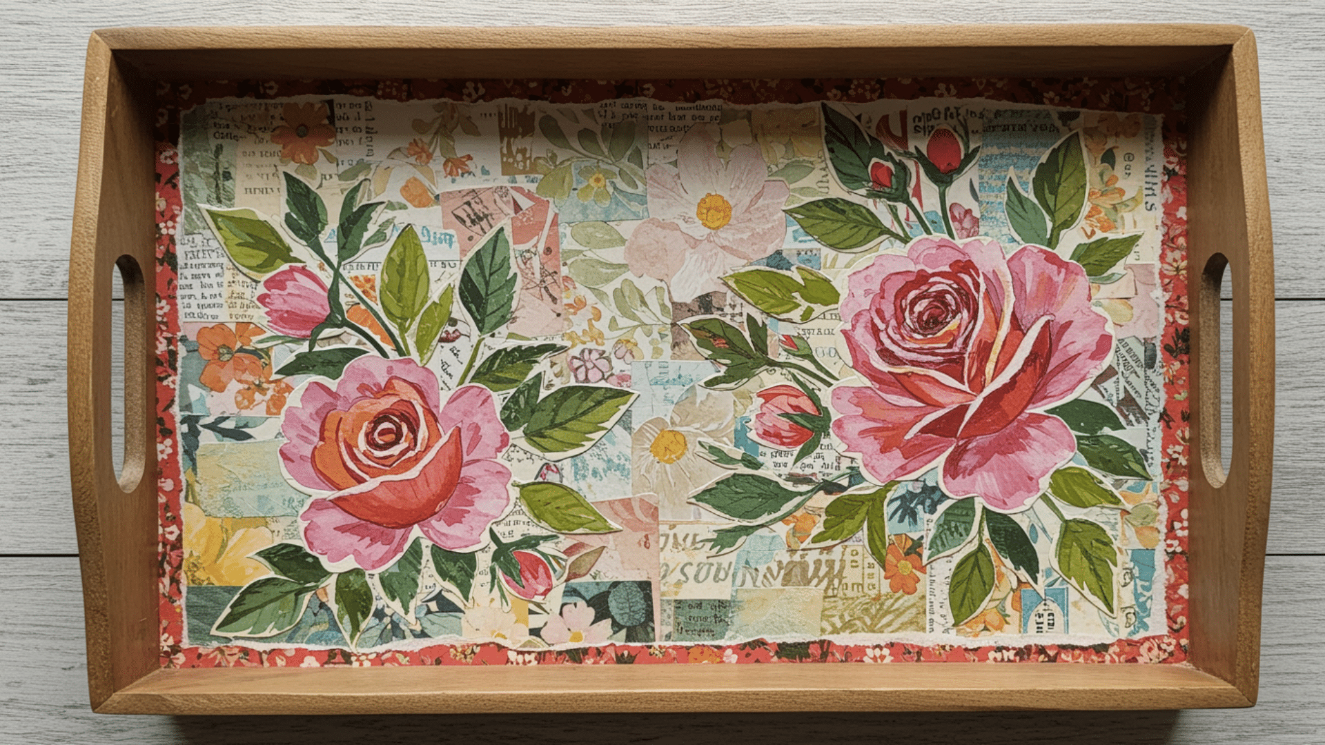 decoupage decor on a wooden tray decorated with layered floral paper prints and sealed finish.