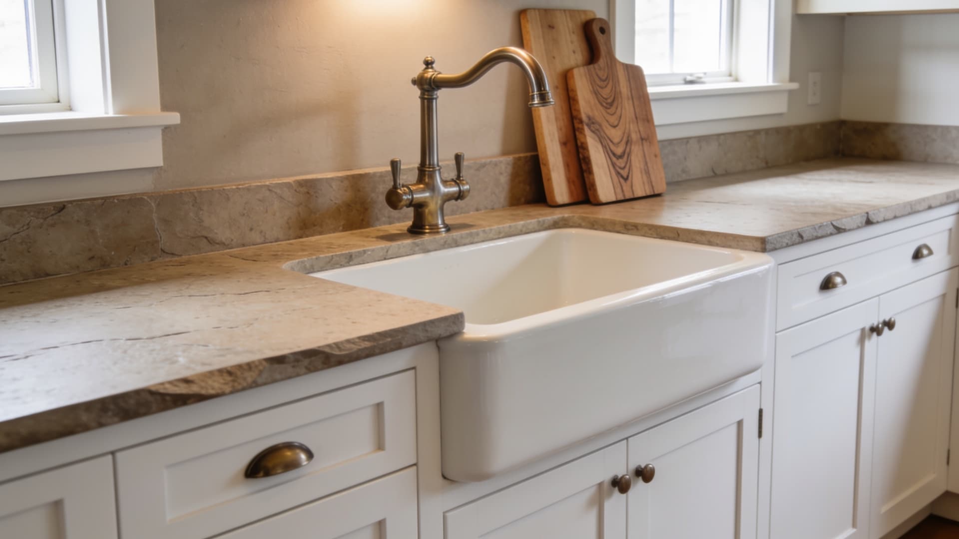 deep white apron front sink with bridge faucet, warm cabinetry, wood boards, stone counters, and simple tile