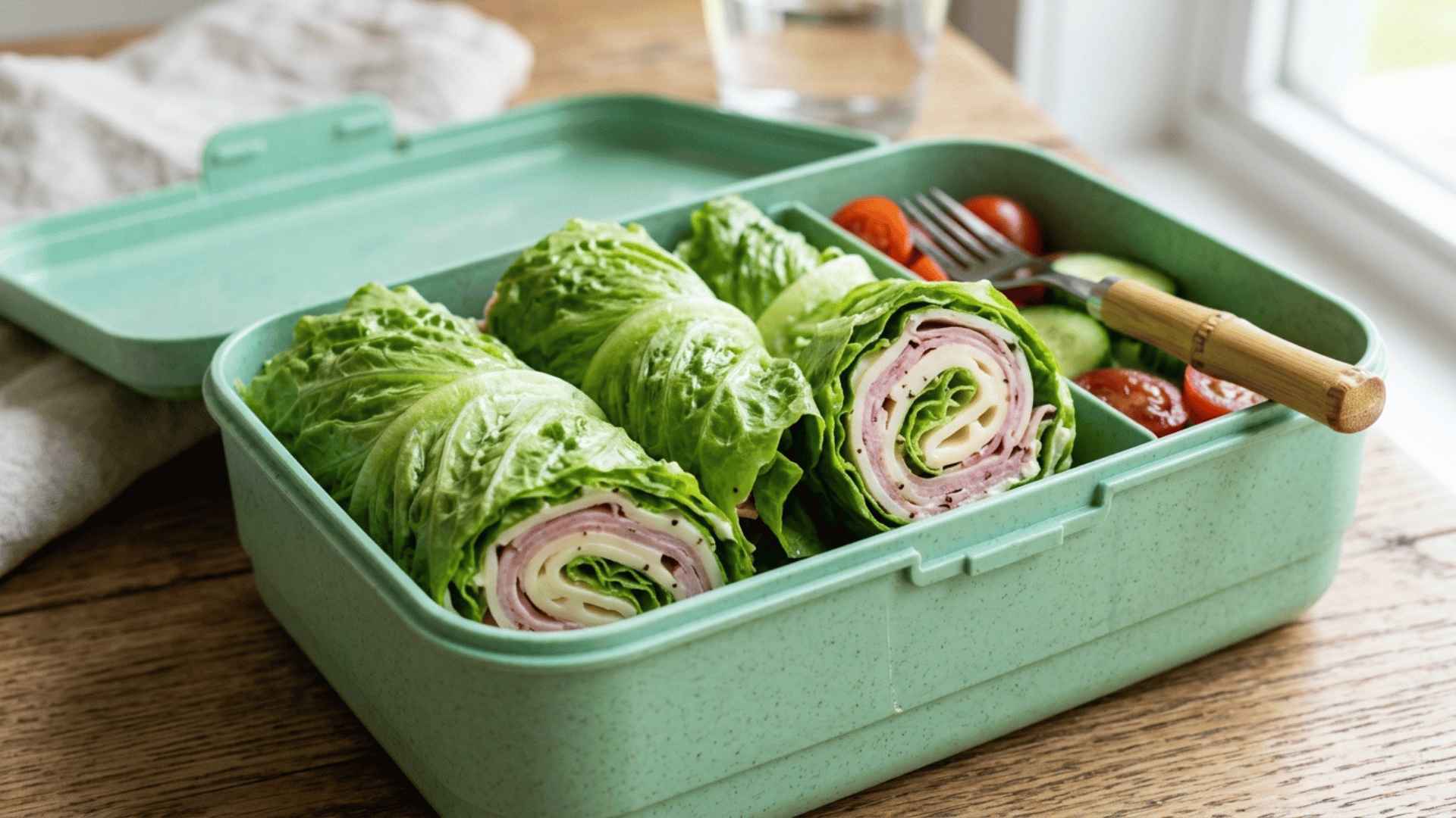 ham and cheese lettuce wraps packed in a light green plastic lunchbox