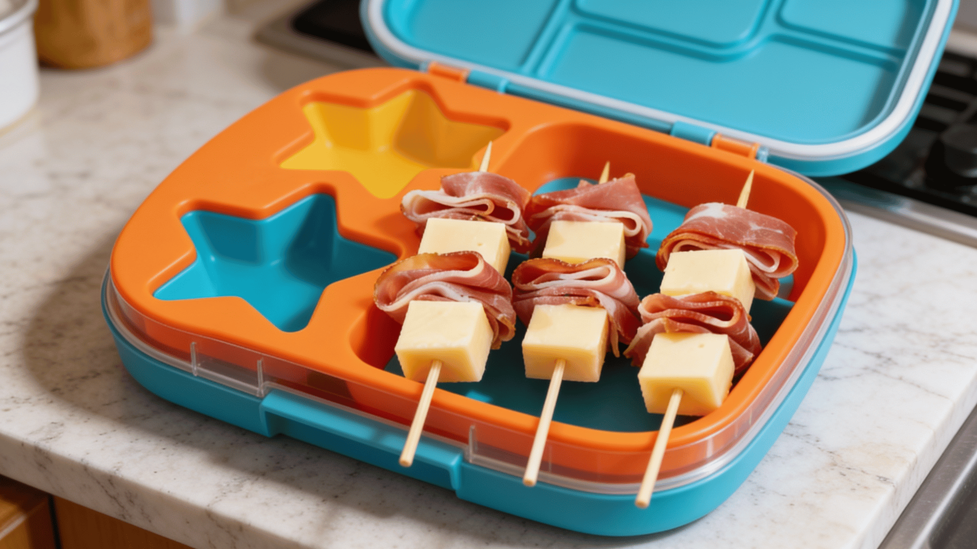 deli meat and cheese kabobs in an orange silicone bento box with star wells