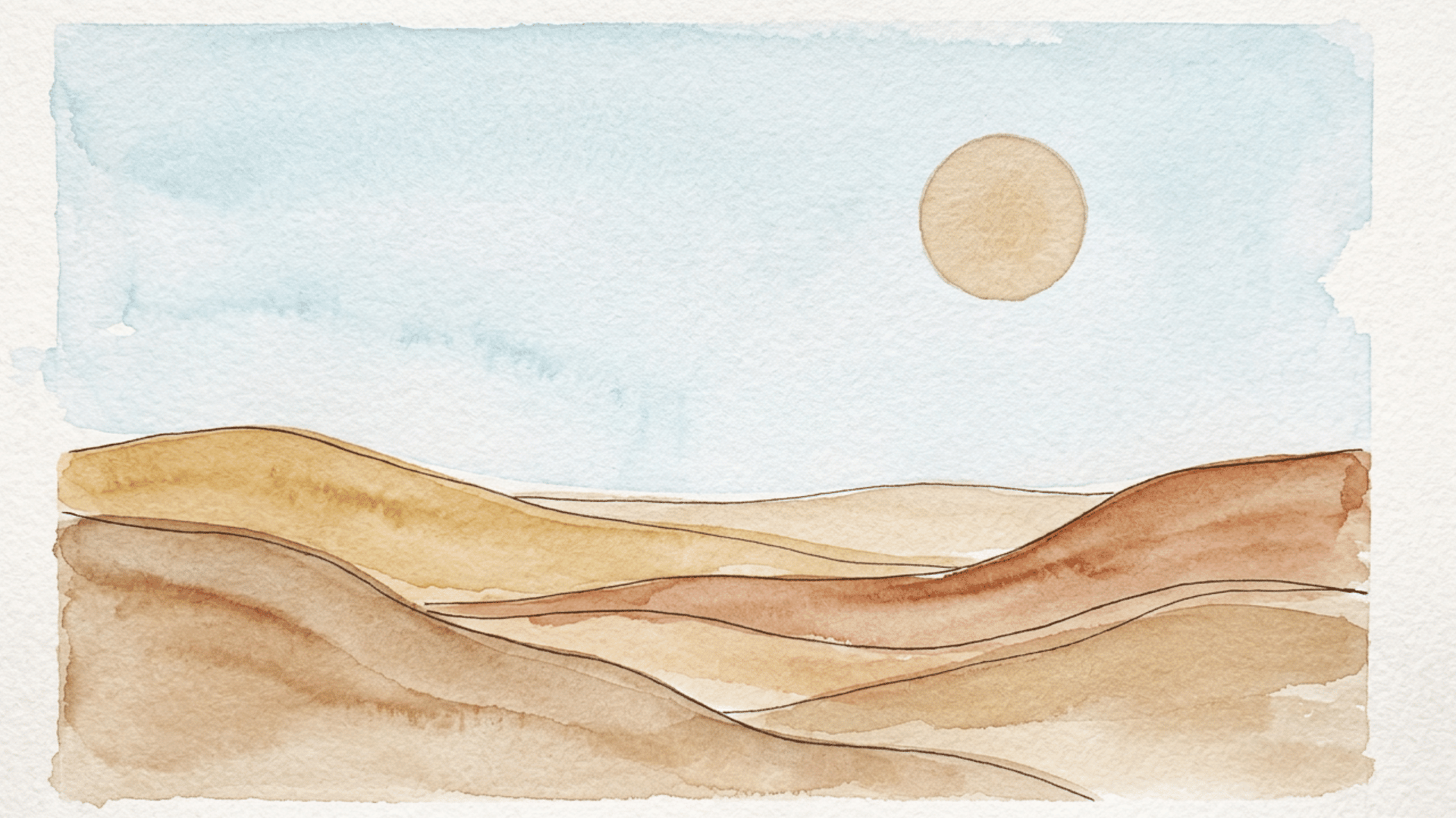 serene watercolor desert landscape with layered rolling sand dunes in warm beige and brown hues beneath a soft blue sky and pale yellow sun