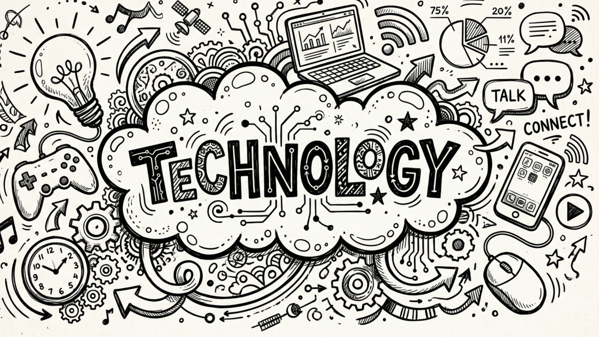 a black and white doodle illustration featuring the word technology surrounded by gadgets and icons